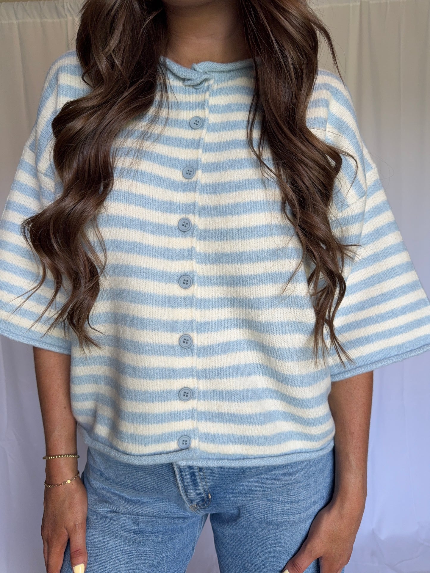 Blue/White Striped Short Sleeve Sweater