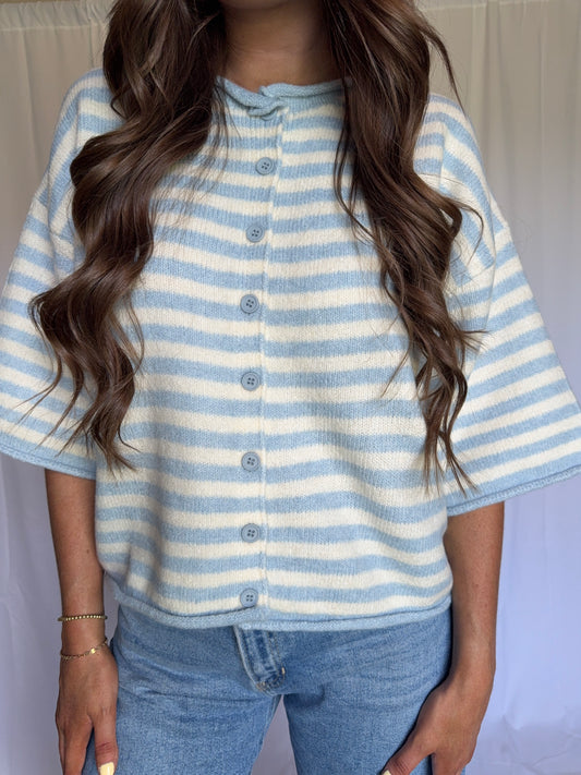 Blue/White Striped Short Sleeve Sweater