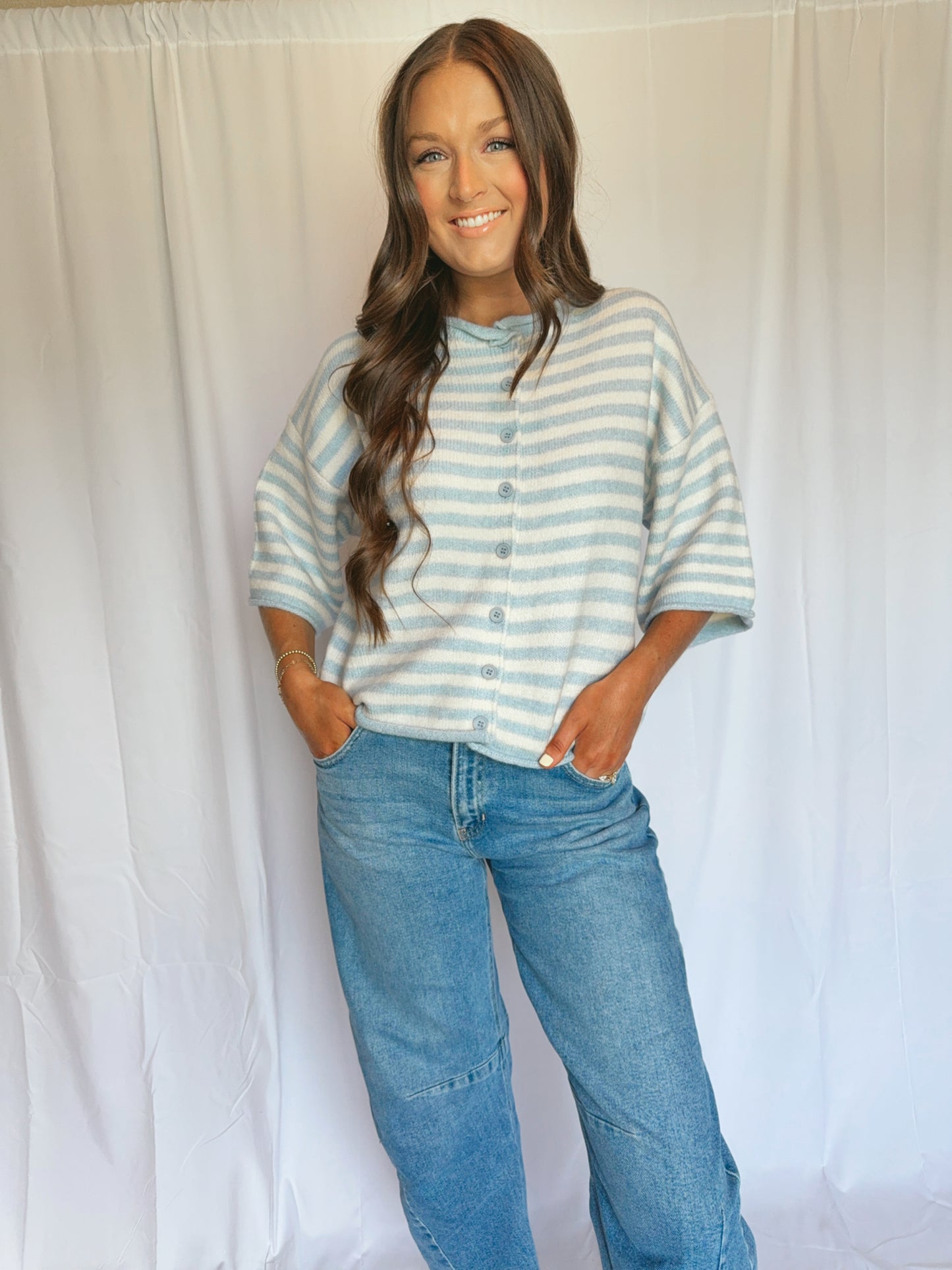 Blue/White Striped Short Sleeve Sweater